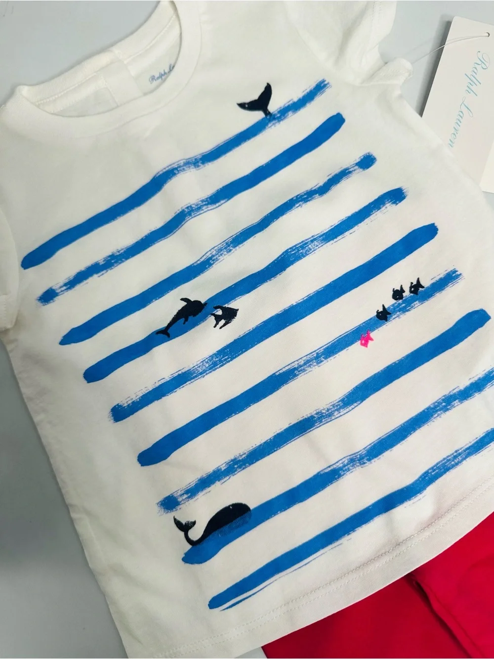 Ralph Lauren White Tee with Blue Whale Stripe Print and Hot Pink Leggings